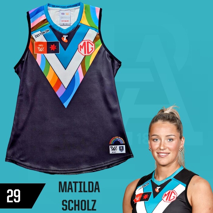 Photo of Matilda Scholz #29 Port Adelaide 2025 Pride Match-Worn Guernsey