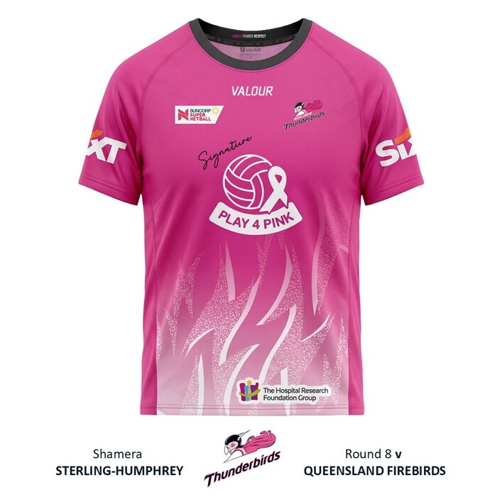 Photo of Shamera Sterling-Humphrey 2026 Adelaide Thunderbirds PLAY 4 PINK Warm Up Tee 