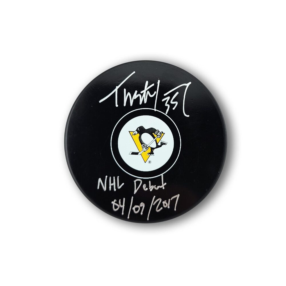 Tristan Jarry Autographed Pittsburgh Penguins Hockey Puck Inscribed NHL Debut