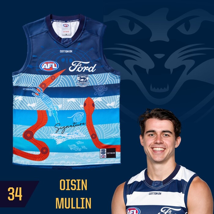 Photo of Oisin Mullin #34 Geelong 2025 First Nations Home Match-Worn Guernsey