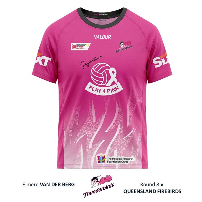 Photo of Elmere van der Berg 2026 Adelaide Thunderbirds PLAY 4 PINK Warm Up Tee 