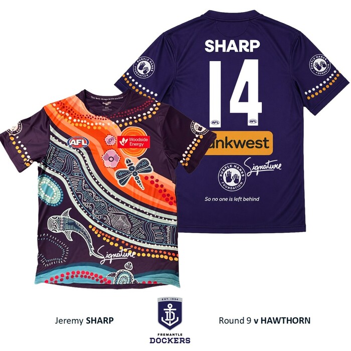 Photo of Jeremy Sharp #14 Fremantle Signed 2026 Purple Hands Warm-Up Tee  