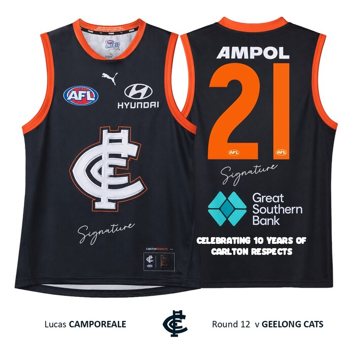 Photo of Lucas Camporeale #21 Carlton 2026 Carlton Respects Player-Issue Guernsey