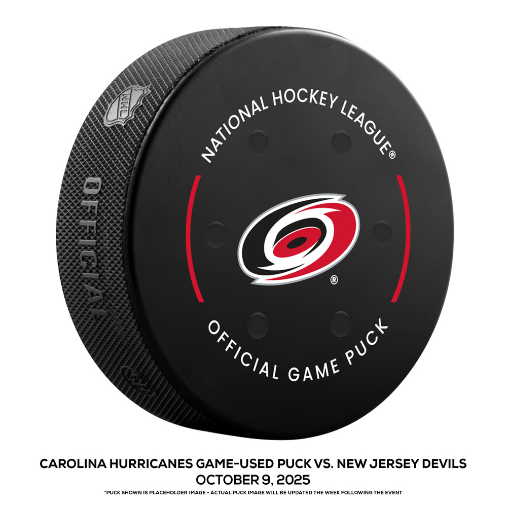 Carolina Hurricanes Game-Used Puck vs. New Jersey Devils on October 9, 2025 - Brett Pesche (NJD) Plays 700th NHL Game
