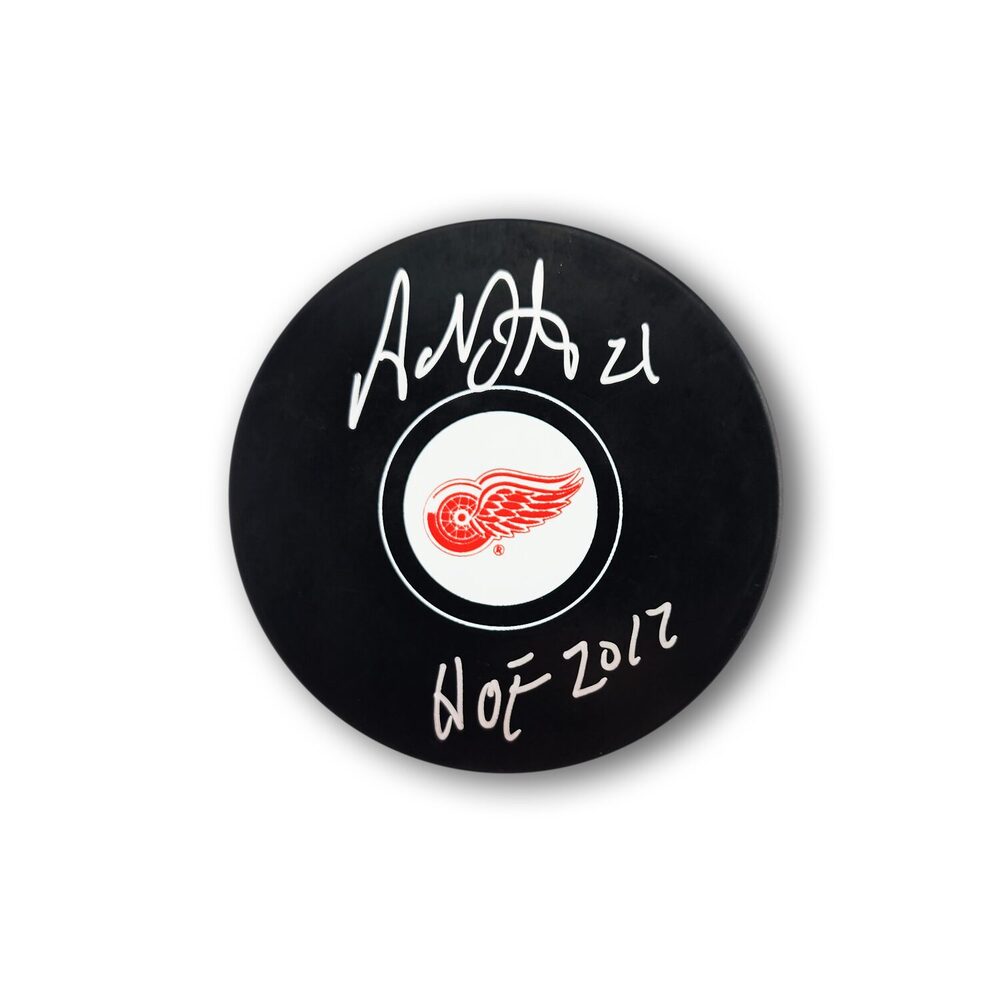 Adam Oates Autographed Detroit Red Wings Hockey Puck Inscribed HOF