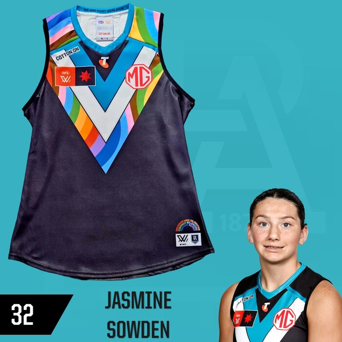 Photo of Jasmine Sowden #32 Port Adelaide 2025 Pride Match-Worn Guernsey