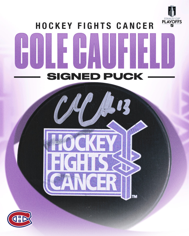 Cole Caufield Autographed Hockey Fights Cancer Puck - Montreal Canadiens