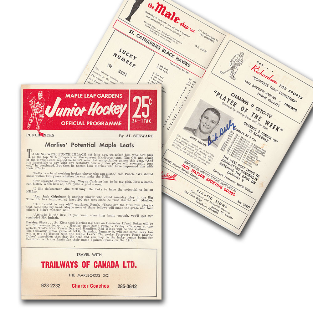 Brit Selby Autographed 1960s Toronto Marlboros OHA Program