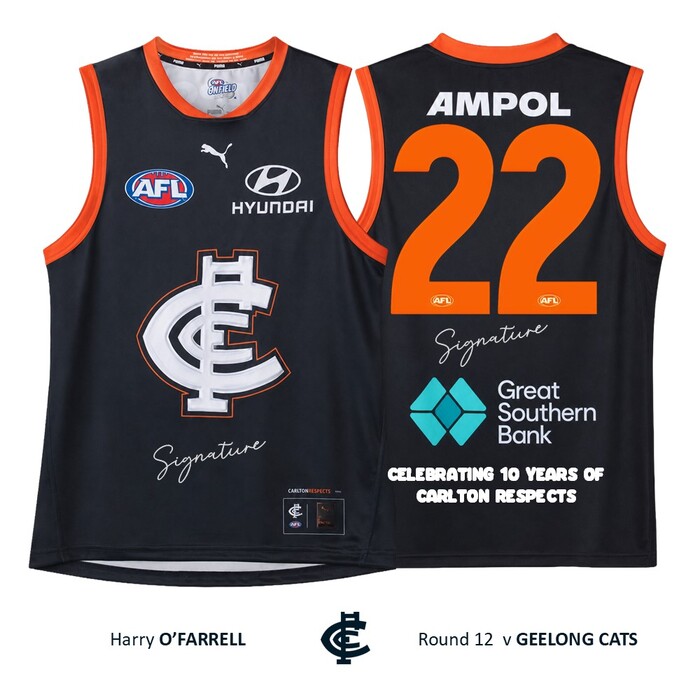 Photo of Harry O'Farrell #22 Carlton 2026 Carlton Respects Player-Issue Guernsey