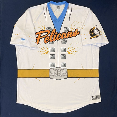 MYRTLE BEACH PELICANS RHINESTONE JUMPSUIT JERSEY #50 SIZE 52