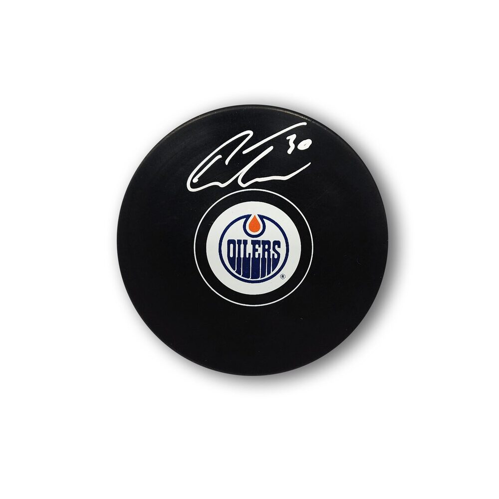 Calvin Pickard Autographed Edmonton Oilers Hockey Puck