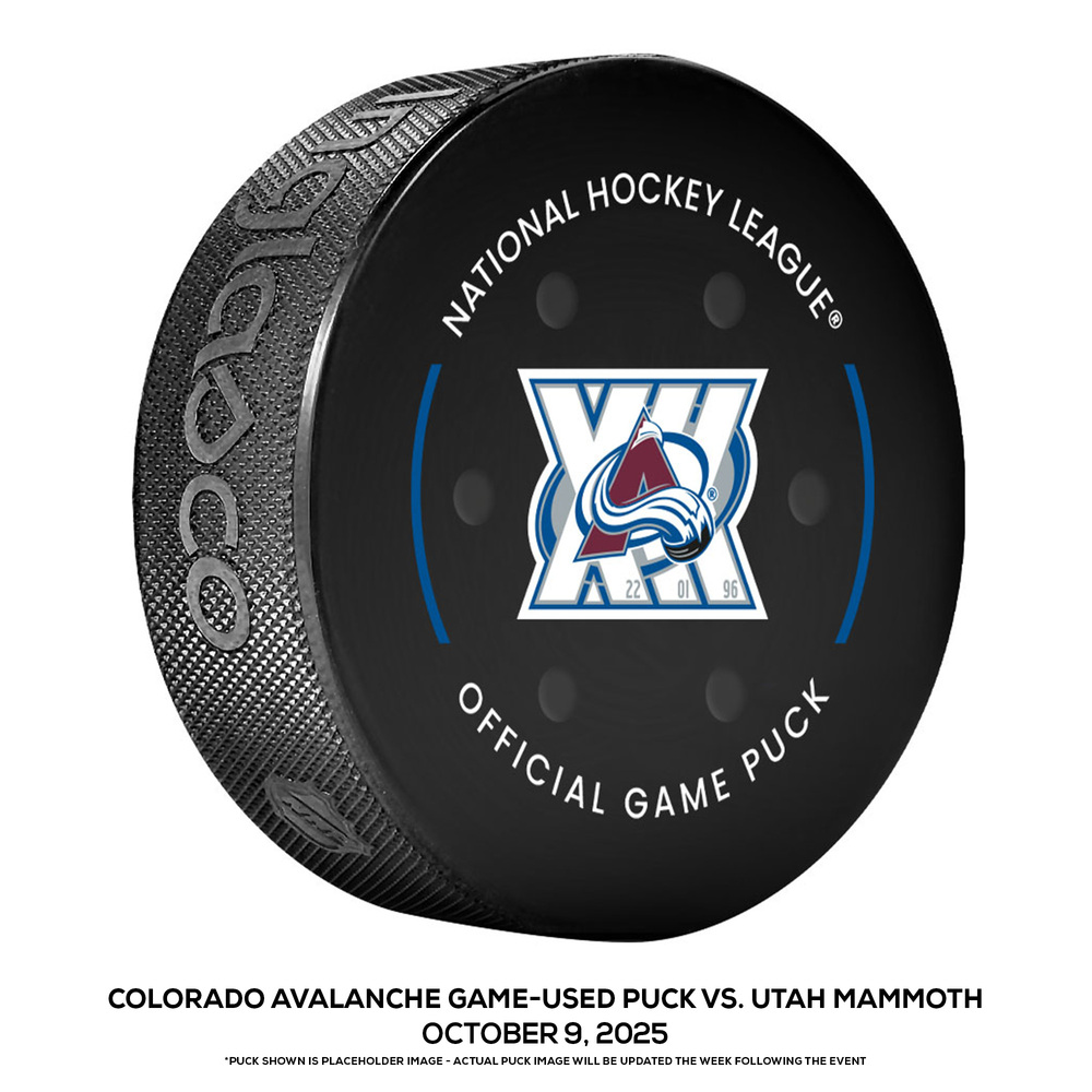Colorado Avalanche Game-Used Puck vs. Utah Mammoth on October 9, 2025 - Dmitri Simashev (UTA) Makes NHL Debut