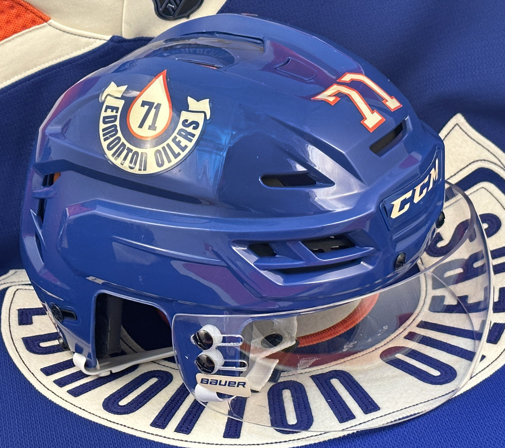 Ryan McLeod #71 - Autographed 2023 NHL Heritage Classic Edmonton Oilers Game Worn Helmet