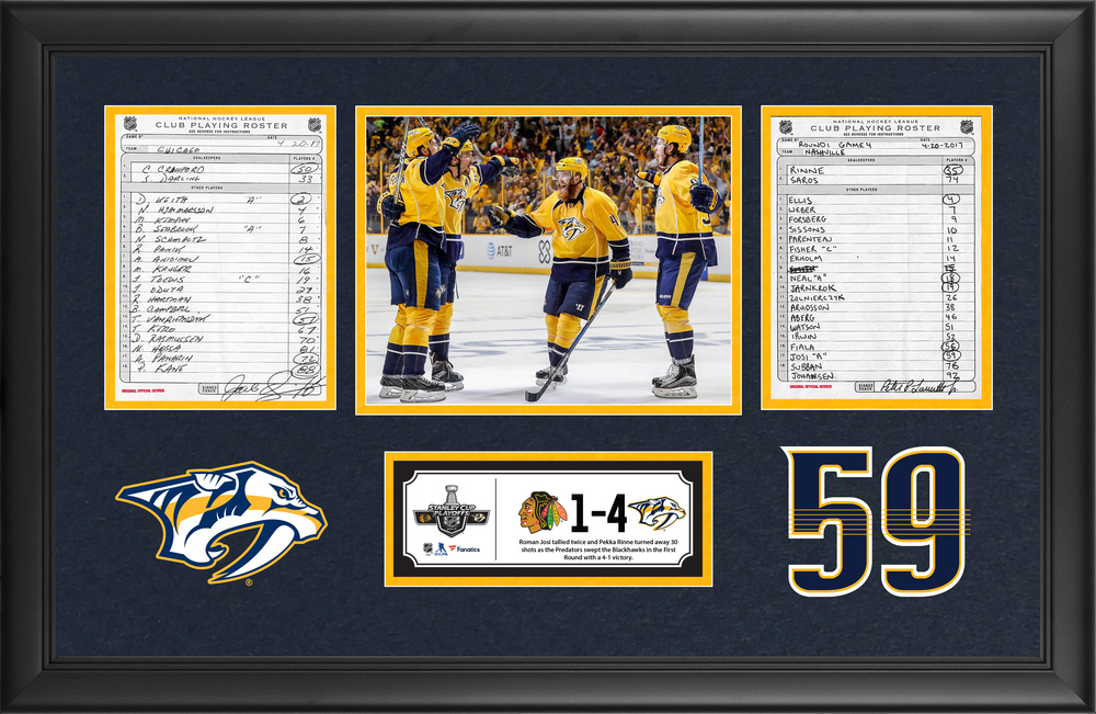 Nashville Predators Framed Original Line-Up Cards From April 20, 2017 vs. Chicago Blackhawks - Roman Josi Scores Two Goals In Series Clinching Game