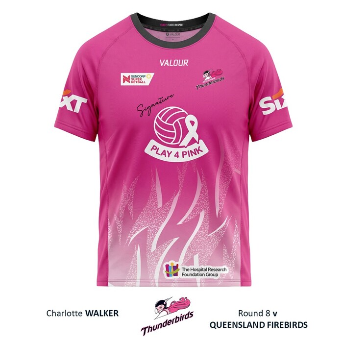 Photo of Charlotte Walker 2026 Adelaide Thunderbirds PLAY 4 PINK Warm Up Tee 