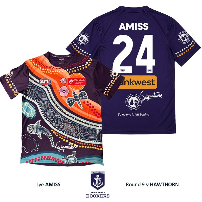 Photo of Jye Amiss #24 Fremantle Signed 2026 Purple Hands Warm-Up Tee  
