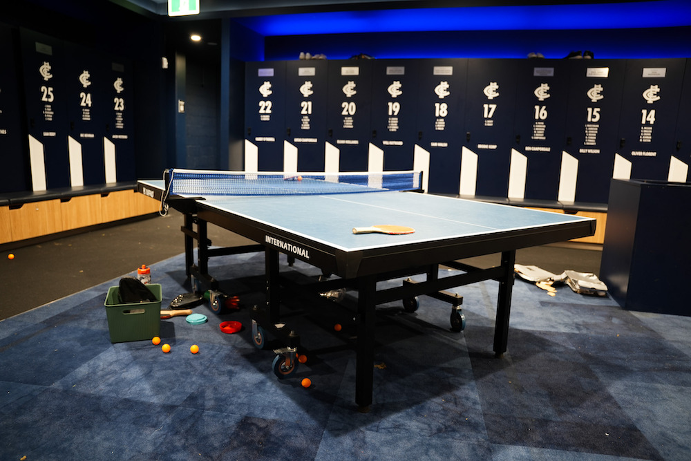 Changeroom Ping Pong tournament with top three players at Carlton 