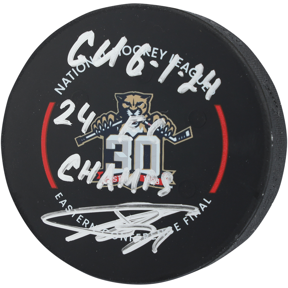 Sergei Bobrovsky Florida Panthers Autographed Game-Used Puck vs. New York Rangers on June 1, 2024 with Multiple Inscriptions