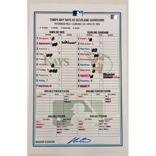 Photo of Game Used Lineup Card: Tampa Bay Rays at Cleveland Guardians - Travis Bazzana MLB Debut - April 28, 2026 v CLE