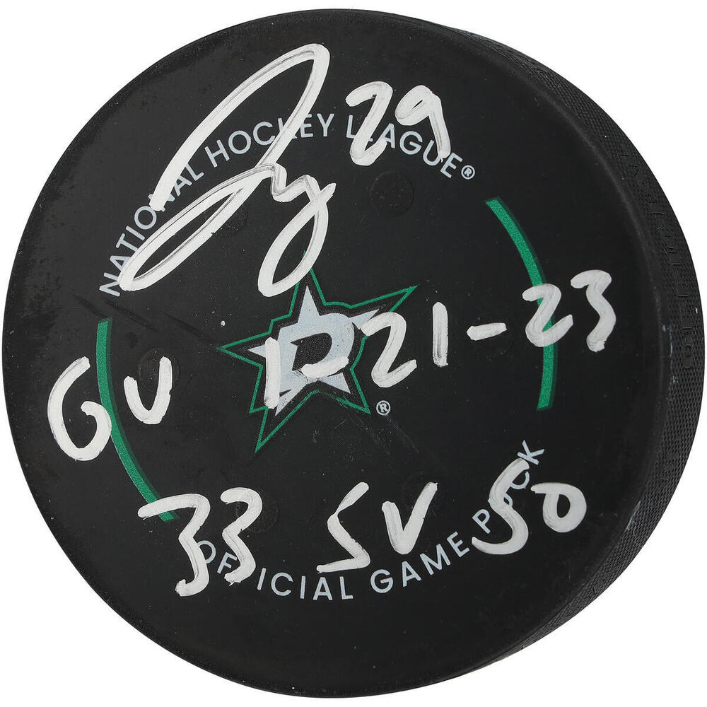 Jake Oettinger Dallas Stars Autographed Game-Used Puck vs. Arizona Coyotes on January 21, 2023 with Multiple Inscriptions