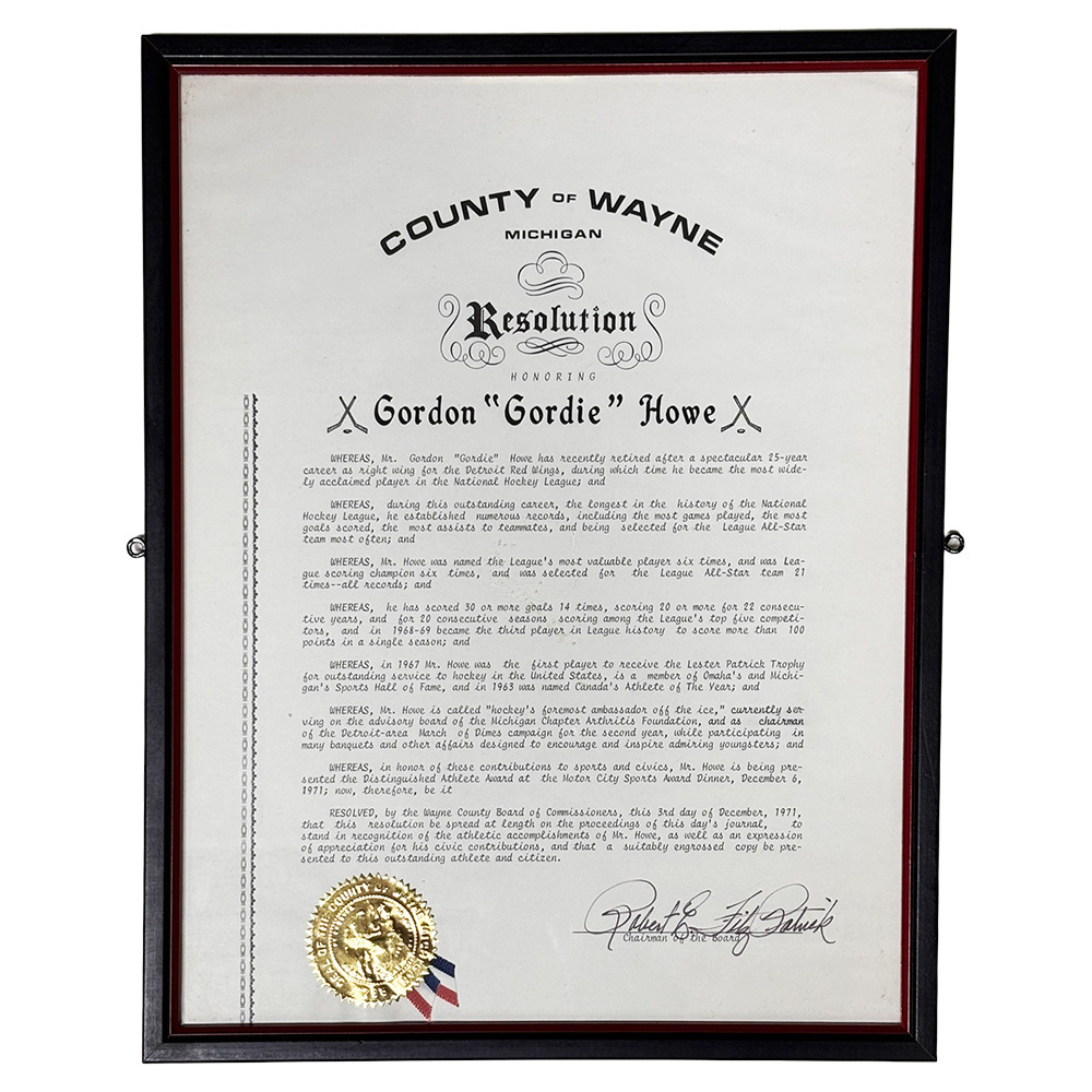 County of Wayne Framed 1971 Resolution Honoring Gordie Howe