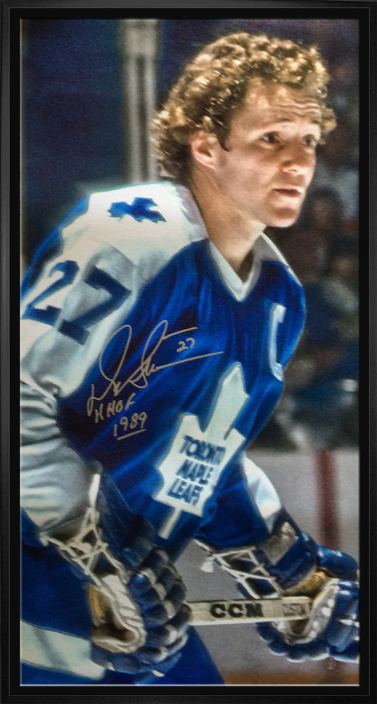 Darryl Sittler Signed 14x28 Framed Canvas - Maple Leafs Blue Close-Up, HHOF Inscription