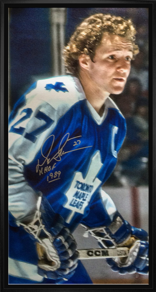 Darryl Sittler Signed 14x28 Framed Canvas - Maple Leafs Blue Close-Up, HHOF Inscription 