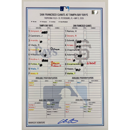 Photo of Game Used Lineup Card: Tampa Bay Rays v San Francisco Giants - Jonathan Aranda Walk-Off RBI Single & 200th Walk-Off Win in Franchise History - May 3, 2026