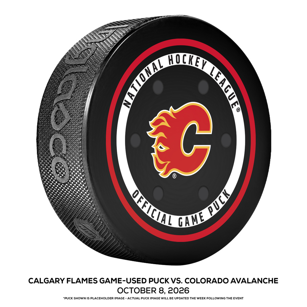 Calgary Flames Game-Used Puck vs. Colorado Avalanche on October 8, 2026 - Makar, MacKinnon (COL) Each Gets 3 Points, Jonathan Castagna (CGY) Makes NHL debut