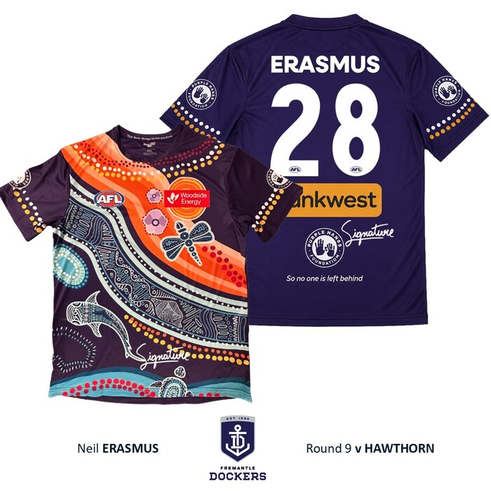 Photo of Neil Erasmus #28 Fremantle Signed 2026 Purple Hands Warm-Up Tee  