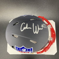 NFL - Patriots Caedan Wallace Signed Blue Shield Mini Helmet