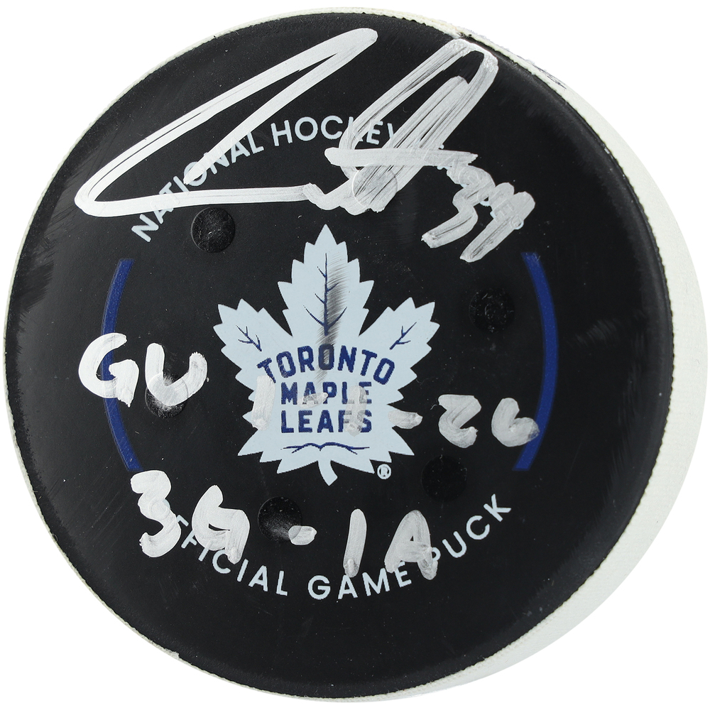 Auston Matthews Toronto Maple Leafs Autographed Game-Used Puck vs. Winnipeg Jets on January 1, 2026 with Multiple Inscriptions