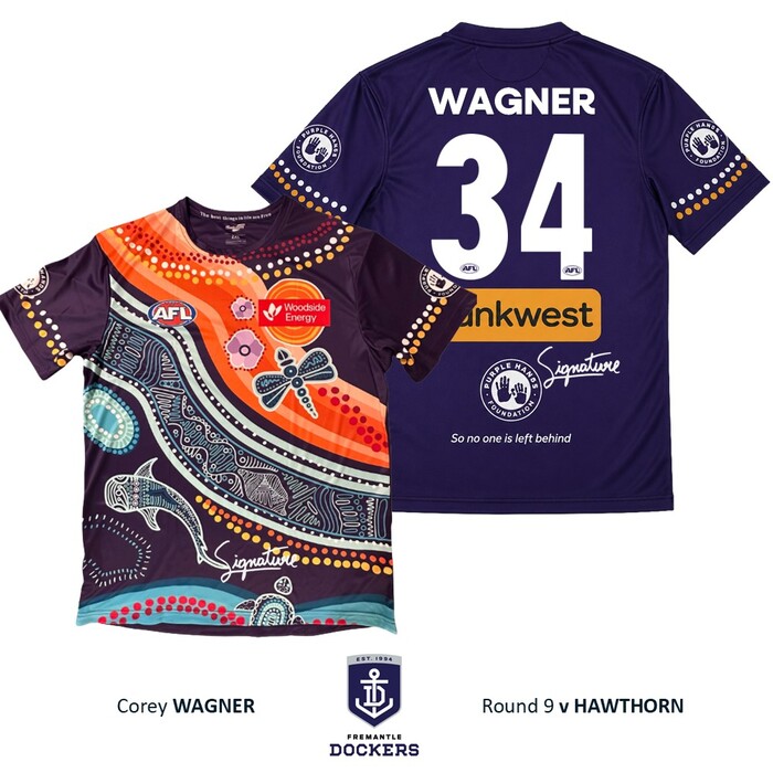 Photo of Corey Wagner #34 Fremantle Signed 2026 Purple Hands Warm-Up Tee  