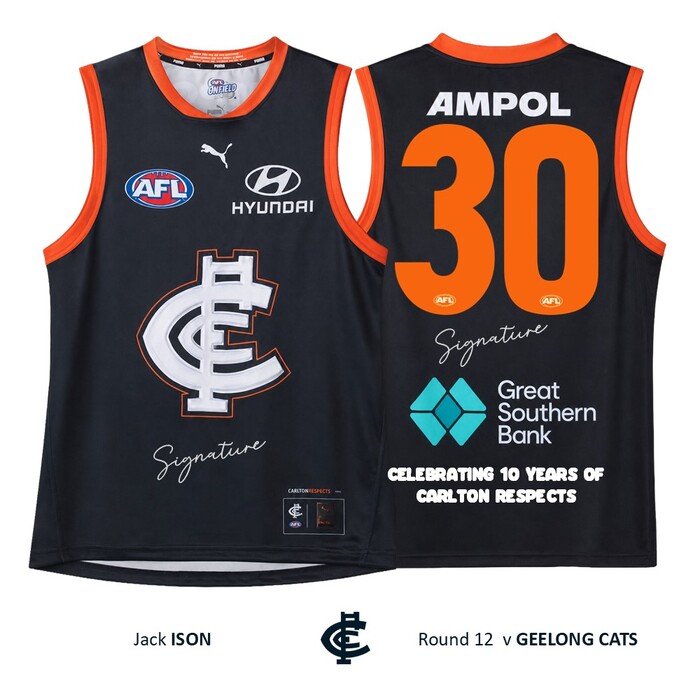 Photo of Jack Ison #30 Carlton 2026 Carlton Respects Match-Worn Guernsey