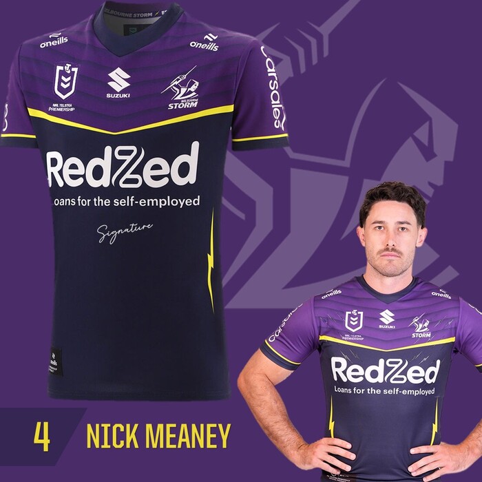 Photo of Nick Meaney #4 Melbourne Storm 2025 Player-Issue Grand Final Jersey