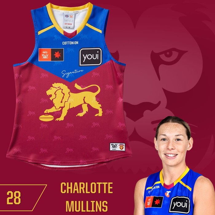 Photo of Charlotte Mullins #28 Brisbane Lions 2025 AFLW Grand Final Match-Worn Guernsey