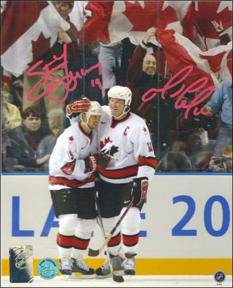 Mario Lemieux & Steve Yzerman Dual Signed Team Canada 2002 Olympic