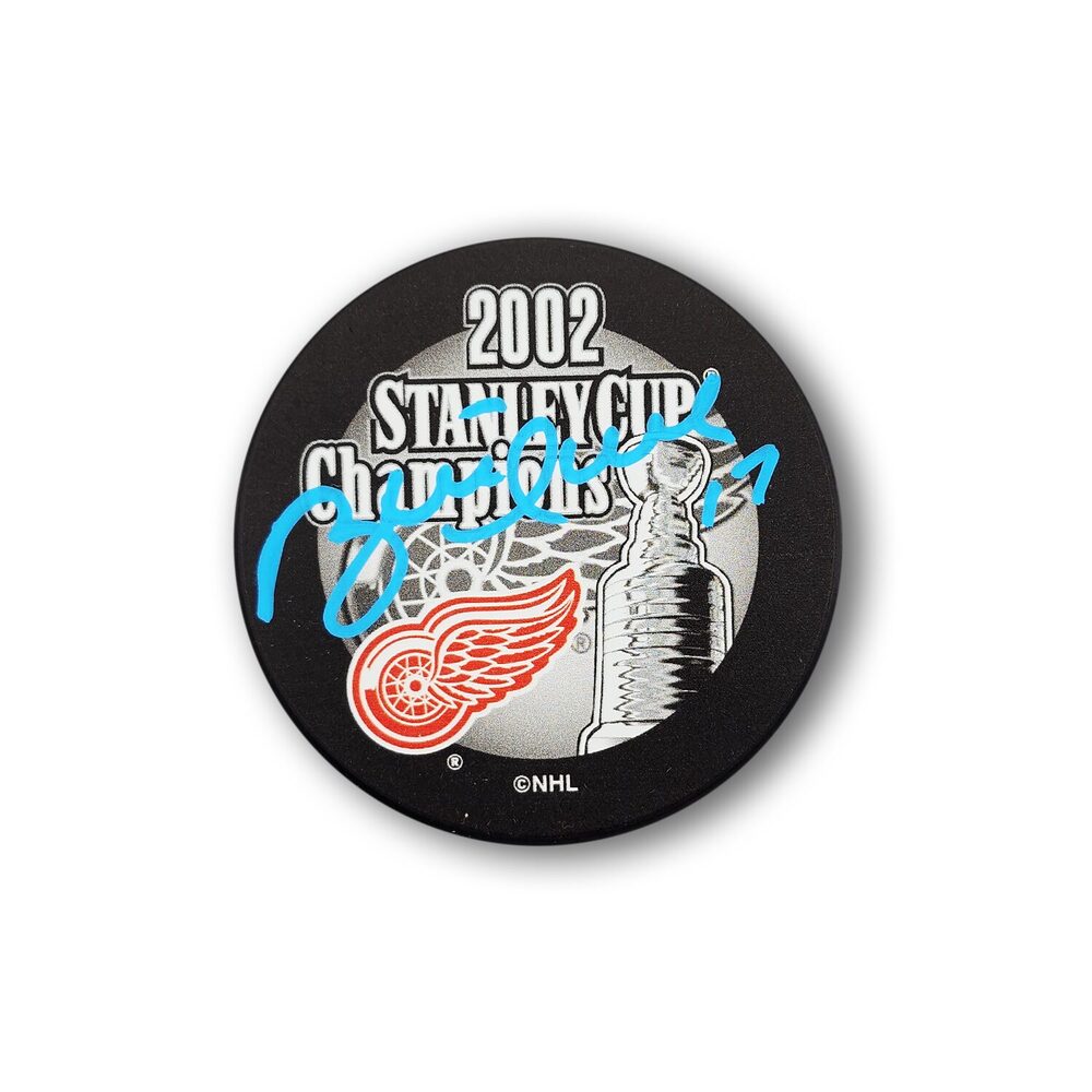 Brett Hull Autographed Detroit Red Wings 2002 Stanley Cup Hockey Puck