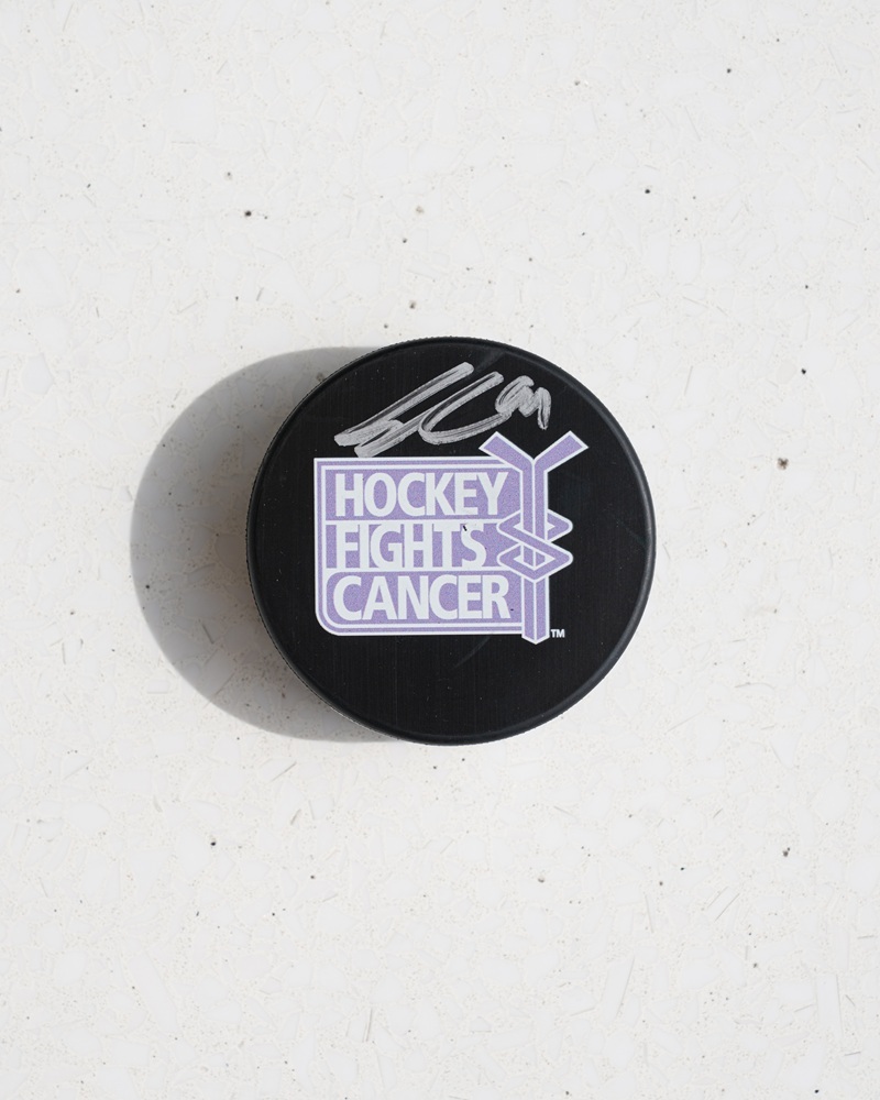 Leo Carlsson Autographed Hockey Fights Cancer Puck - Anaheim Ducks