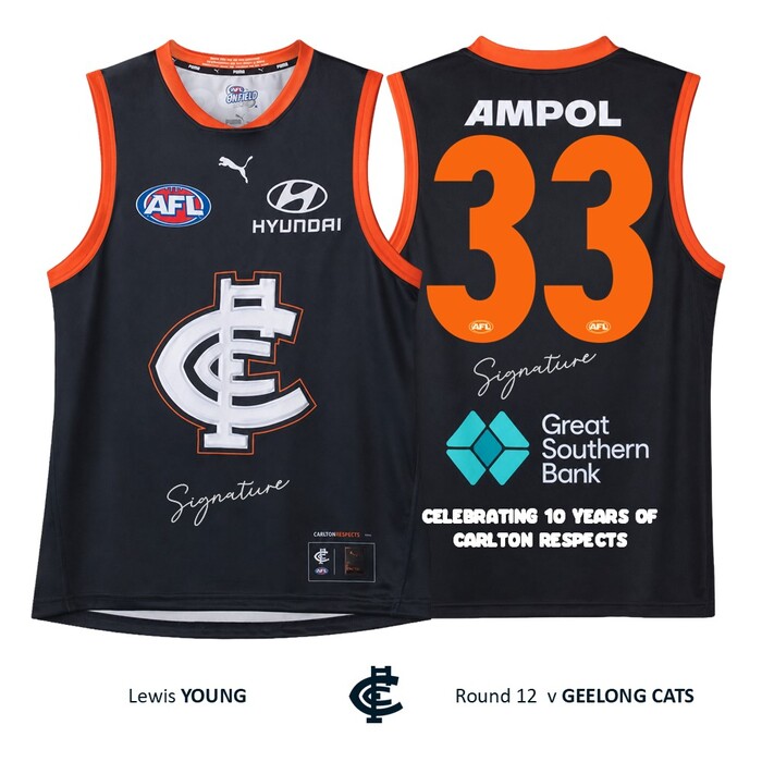 Photo of Lewis Young #33 Carlton 2026 Carlton Respects Player-Issue Guernsey