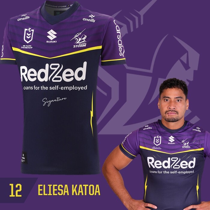 Photo of Eliesa Katoa #12 Melbourne Storm 2025 Player-Issue Grand Final Jersey