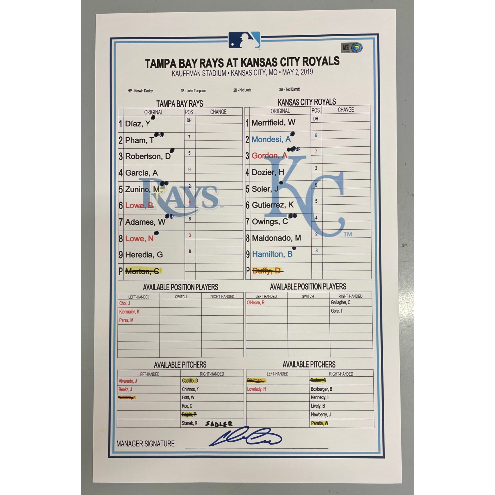 Game Used Lineup Card Tampa Bay Rays at Kansas City Royals May 2, 2019 Tampa Bay Rays Auctions