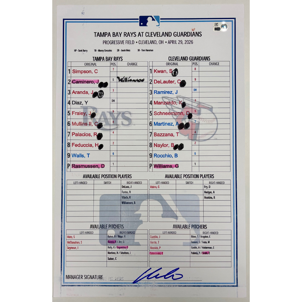 Game Used Lineup Card: Tampa Bay Rays at Cleveland Guardians