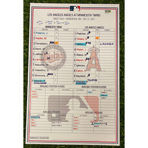 Minnesota Twins: 2021 Lineup Card - LAA at MIN - 7/22/2021 - Kenta Maeda 7ip w/ 6 Strikeouts, 3-2 Angels W.