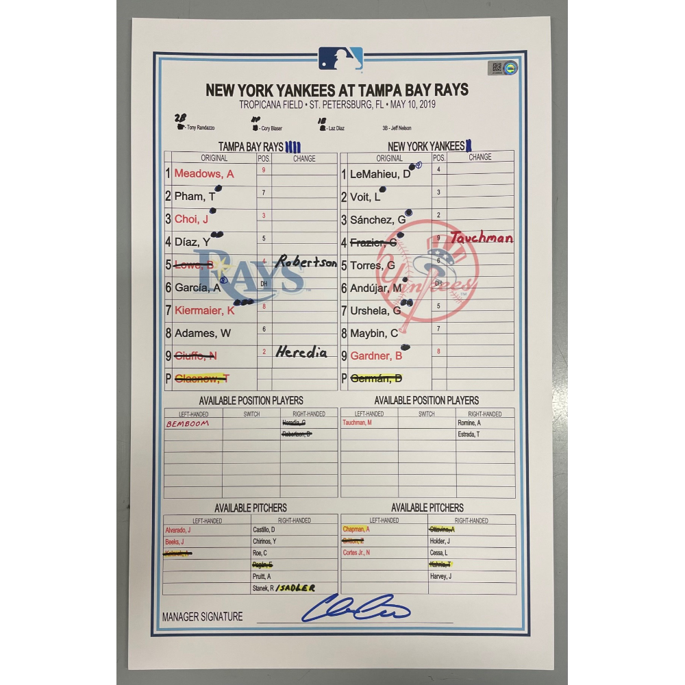 Game Used Lineup Card Tampa Bay Rays v. New York Yankees May 10