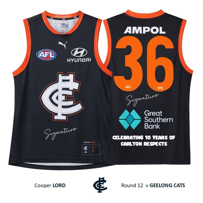 Photo of Cooper Lord #36 Carlton 2026 Carlton Respects Player-Issue Guernsey