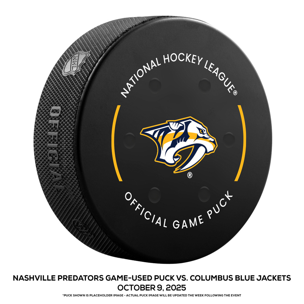 Nashville Predators Game-Used Puck vs. Columbus Blue Jackets on October 9, 2025 - Brady Martin (NAS) Makes NHL Debut