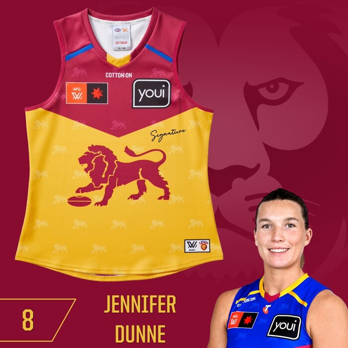 Photo of Jennifer Dunne #8 Brisbane Lions 2025 AFLW Clash Player-Issue Guernsey