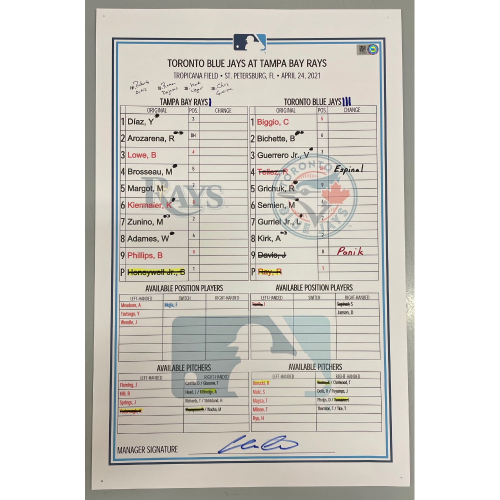 Game Used Lineup Card Tampa Bay Rays v Toronto Blue Jays April 24