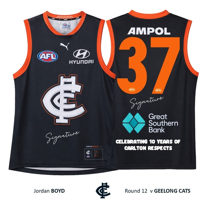 Photo of Jordan Boyd #37 Carlton 2026 Carlton Respects Player-Issue Guernsey